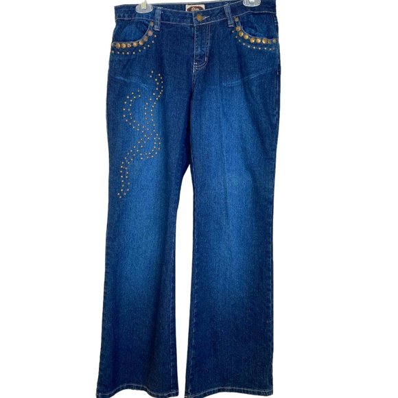 Elite Womens Blue Denim Biker Studded Straight Leg Punk Mid-Rise Jeans Size 7/8 - Picture 1 of 9